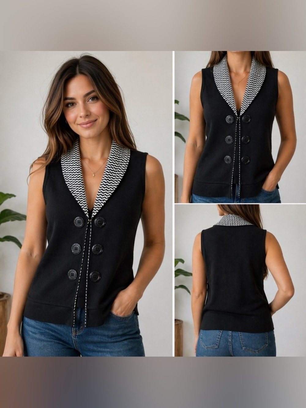 ANGEL Apparel Black Knit Vest Chevron Collar Button Front Size 1XL